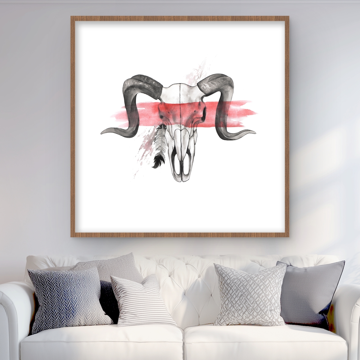 C1FM3636WXC99Z 36 x 36 in. Aries Skull with Feather - Western Framed Matted Print Decor