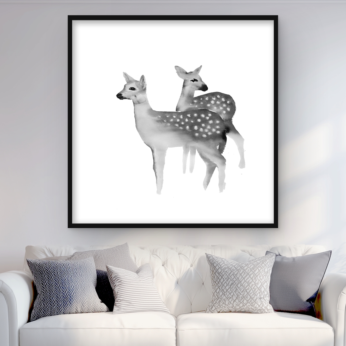 C1FM3636WRV1ET 36 x 36 in. Faon Black & White - Rustic Framed Matted Animal Print