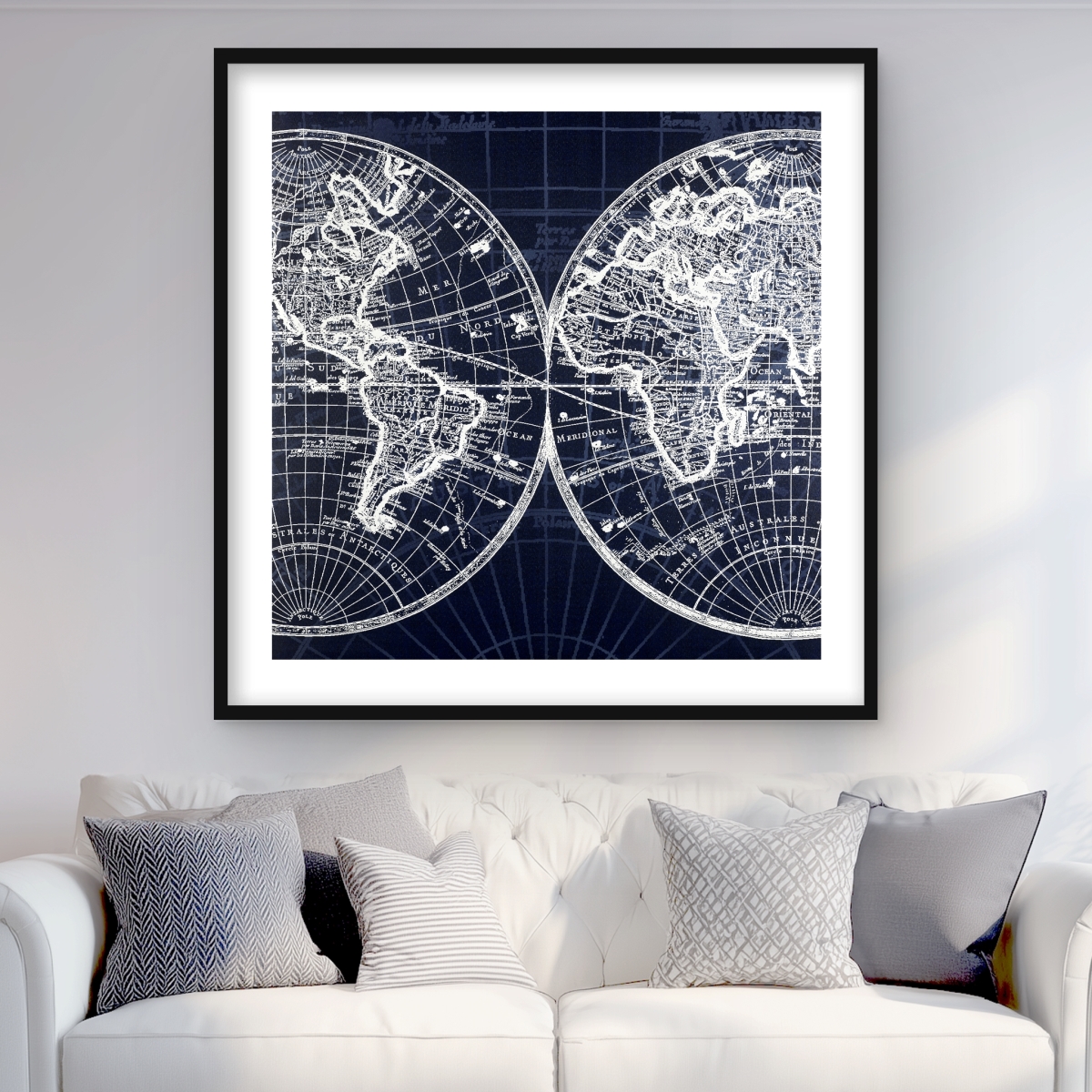 C1FM3636LLG2I6 36 x 36 in. World Map Blue Print - Satellite View Bedroom Framed Print