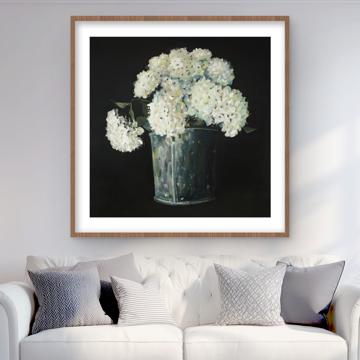 C1FM3636ZKLN2T 36 x 36 in. White Hydrangea Flowers - Botanical Kitchen Framed Print