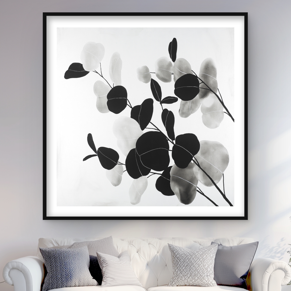 C1FM4848C5QLYT 48 x 48 in. Grayscale Branches with Leaves - Monochrome Framed Print