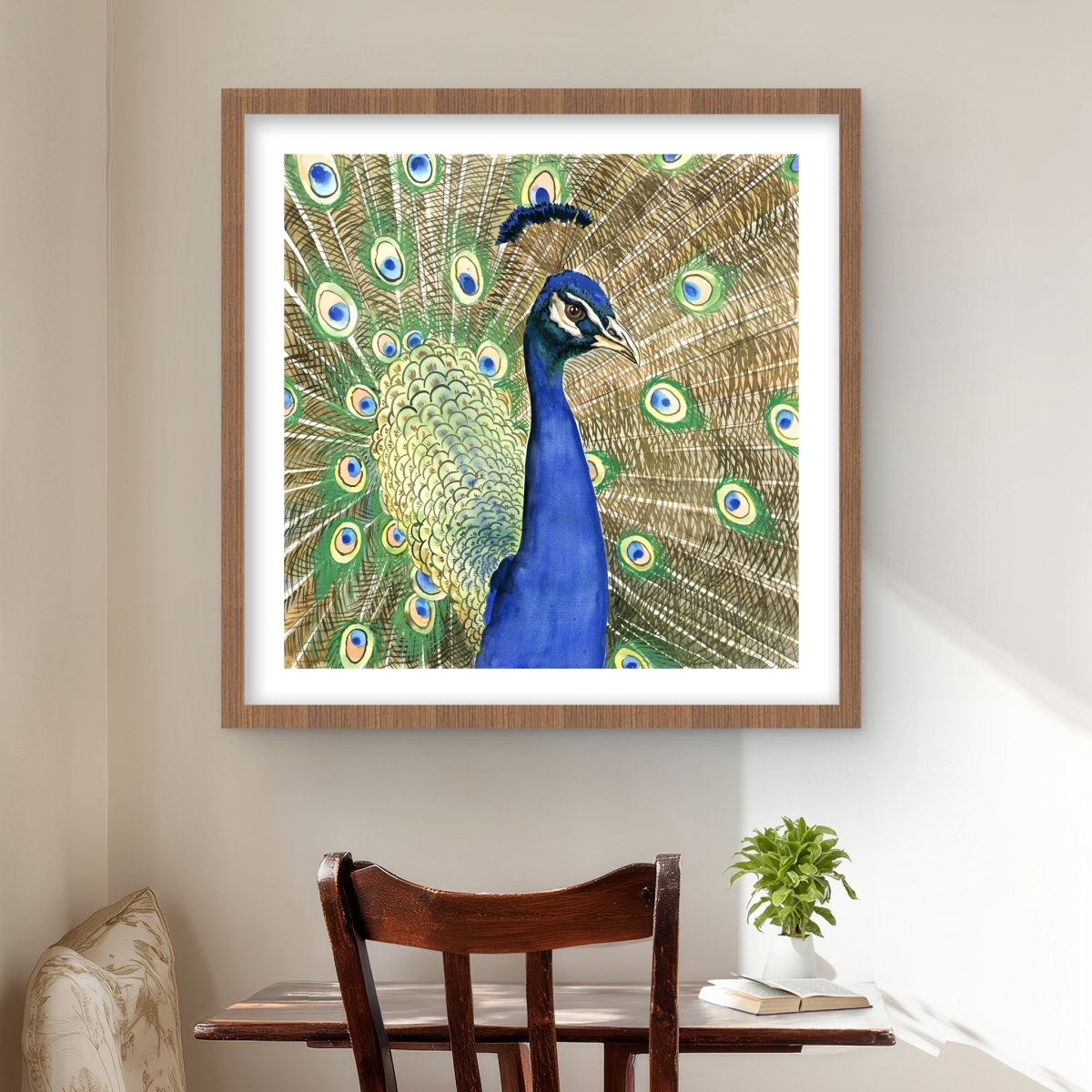 C1FM24244UOG4E 24 x 24 in. Peacock Bird Blue Framed Matted Print for Home Decor