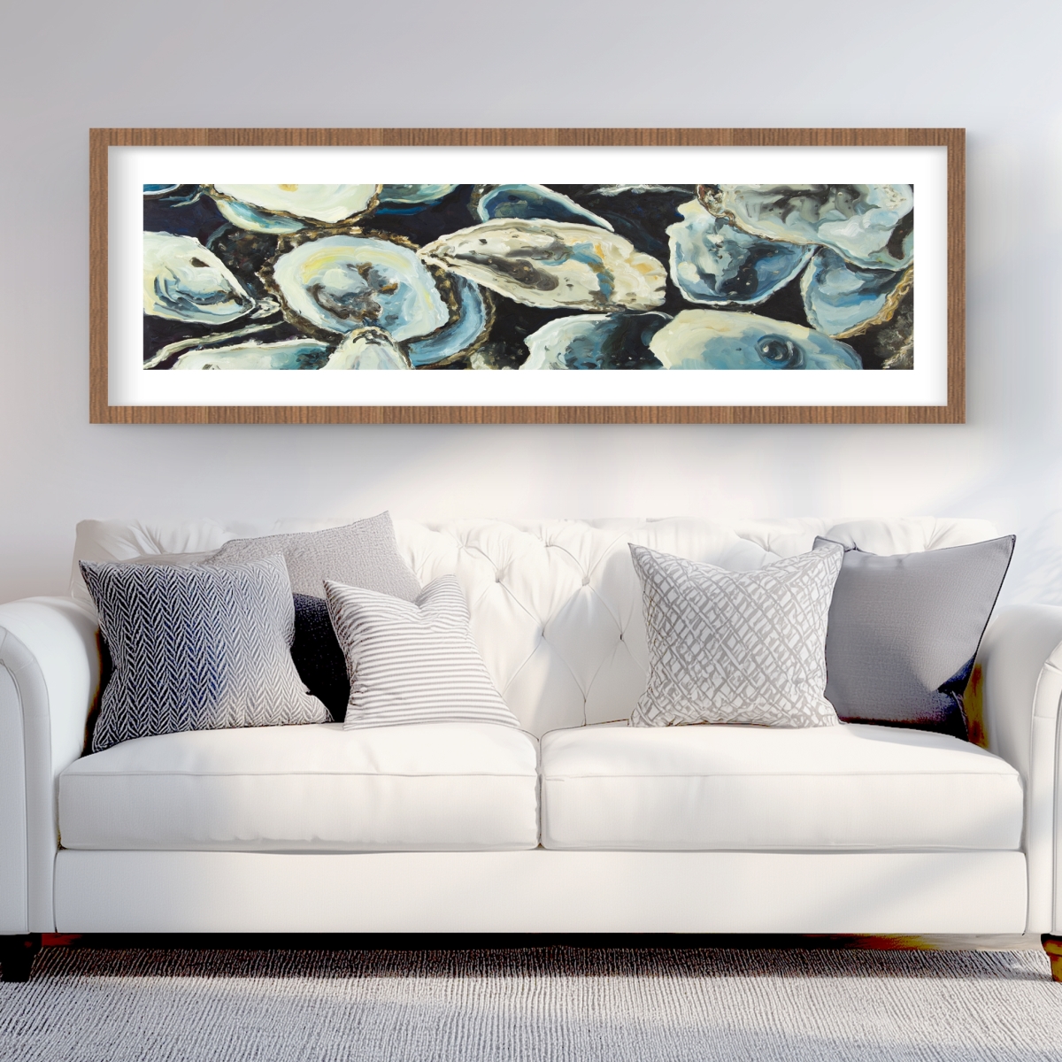 C1FM2060AIMD82 20 x 60 in. Oyster Shells - Blue Marine Framed Matted Print - Home Decor