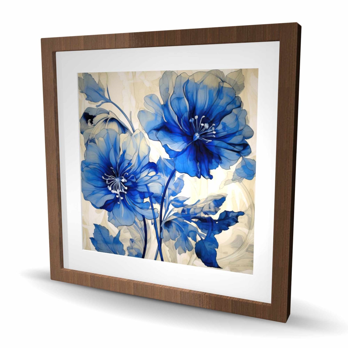 C1FM2424D2VYMF 24 x 24 in. Blue Flowers Abstract Framed Matted Print for Home Decor