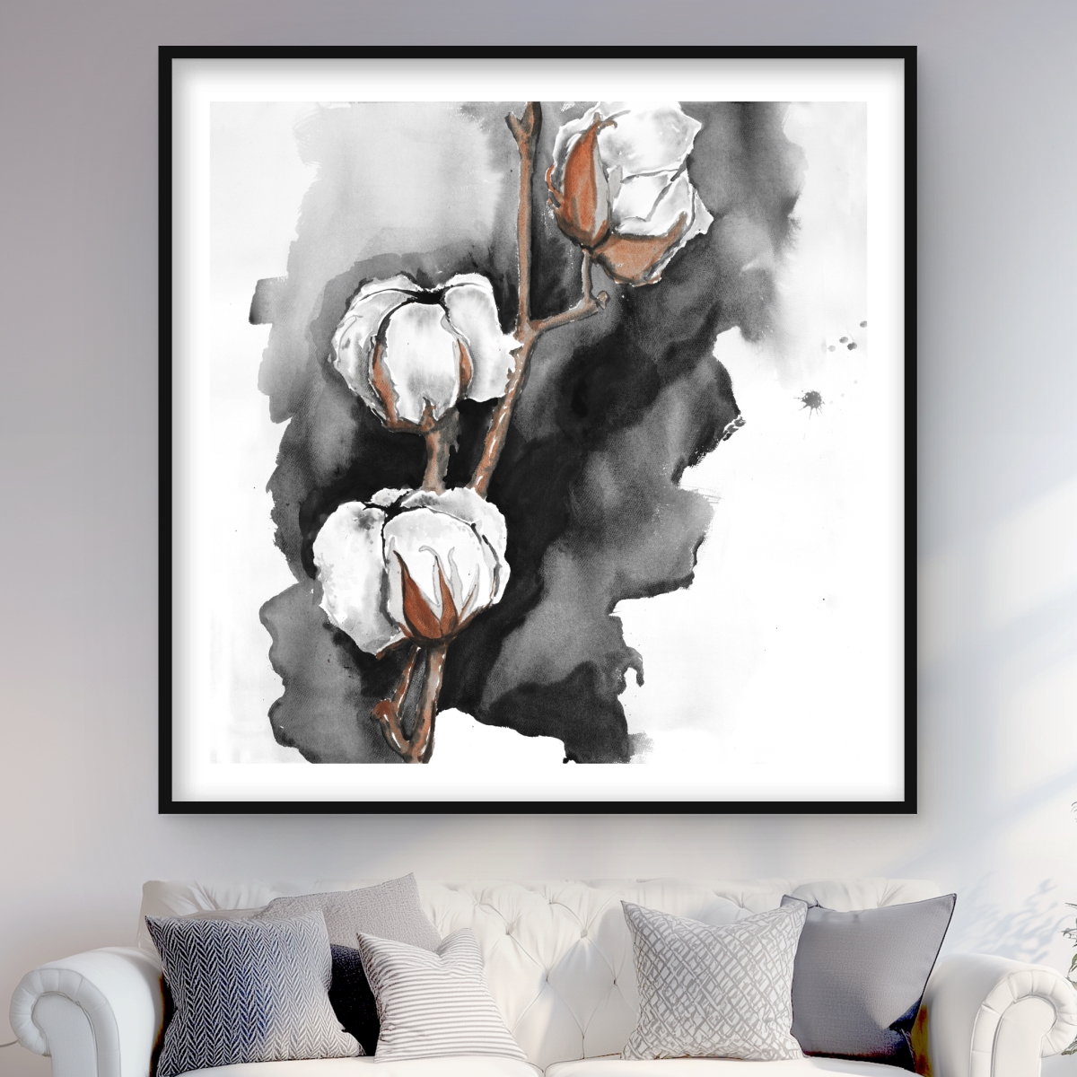 C1FM4848QN1UYY 48 x 48 in. Cotton Flowers Black Background - Gray Floral Framed Print