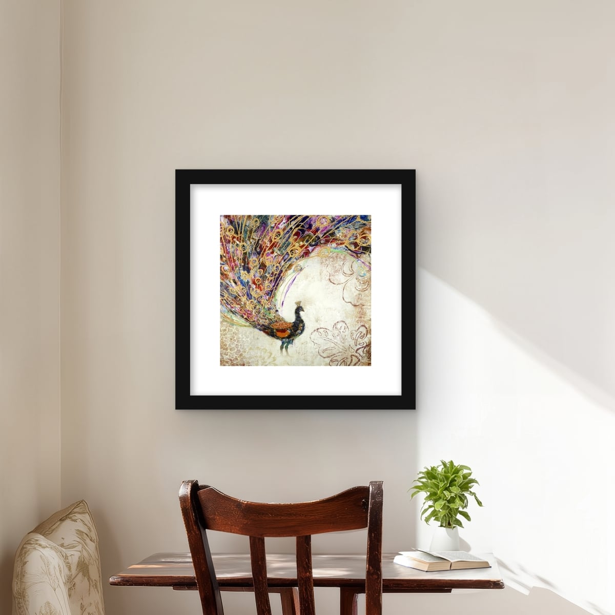 C1FM1616FEL6AI 16 x 16 in. Peacock with Gold Feathers - Framed Matted Print for Decor