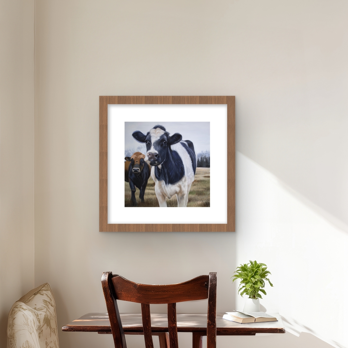 C1FM1616BTLNXK 16 x 16 in. Two Cows Eating Grass - Brown Rustic Framed Print for Decor