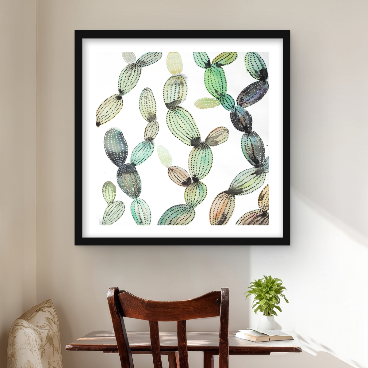 C1FM2424IQ94YO 24 x 24 in. Cactus Pattern - Floral Botanical Framed Matted Print Decor