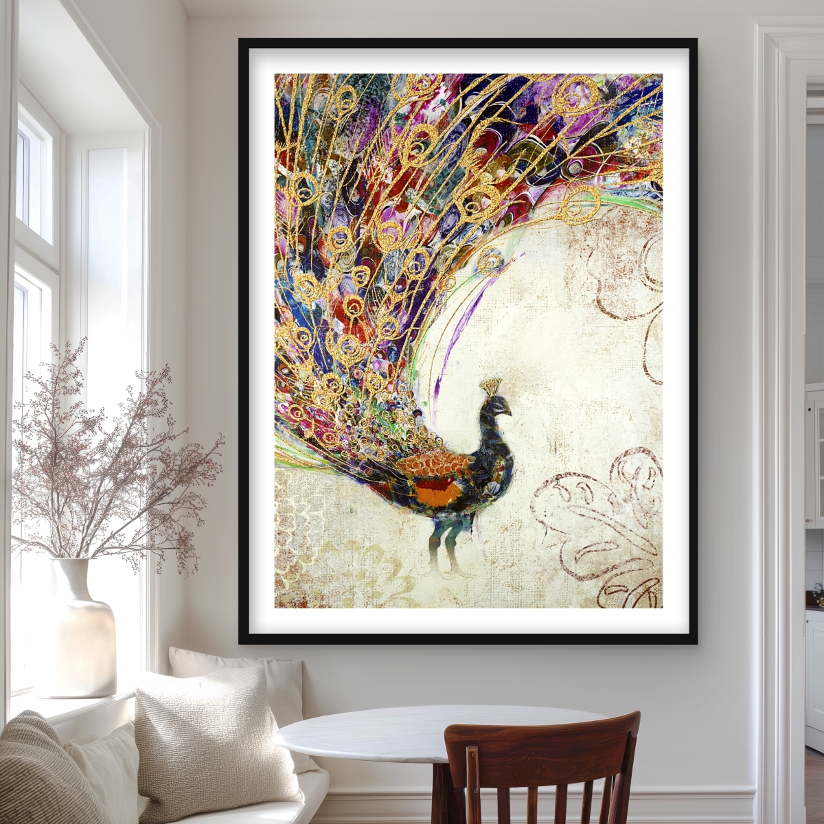 C1FM364809AP7I 36 x 48 in. Peacock with Gold Feathers - Framed Matted Print for Decor