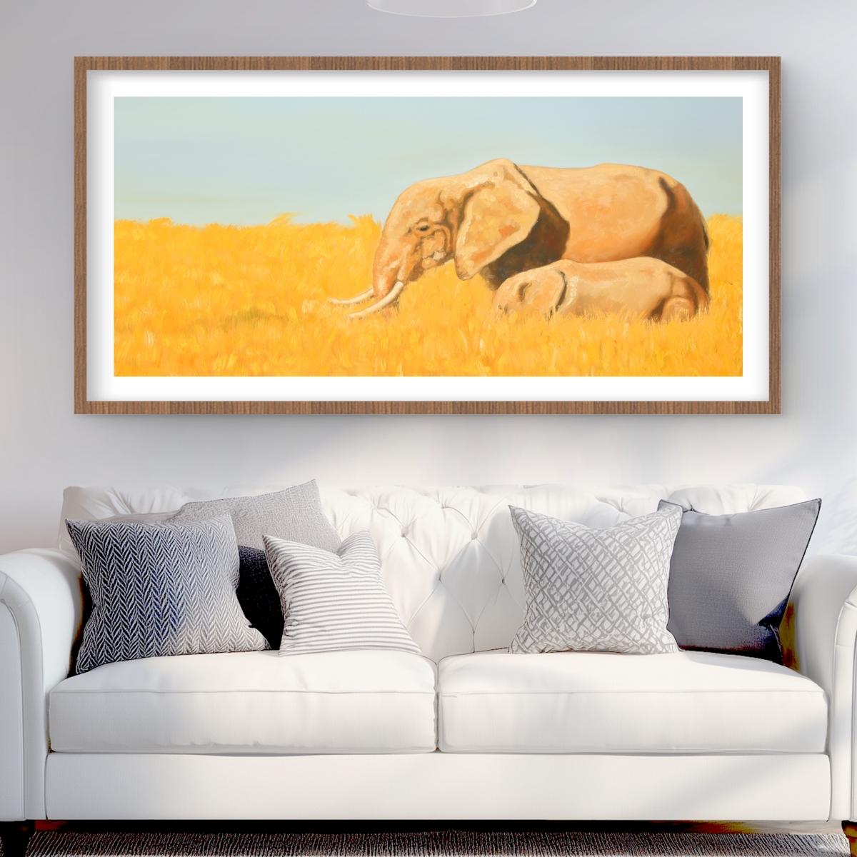 C1FM2448TWAGWN 24 x 48 in. Elephant & Its Little One - Blue African Framed Print