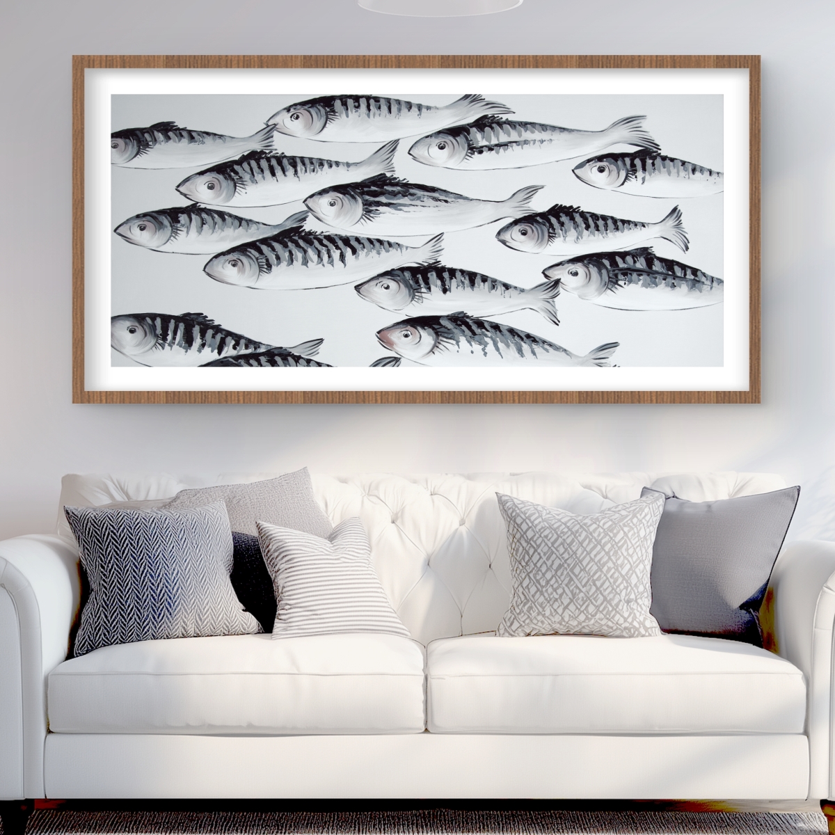 C1FM2448EVFL6U 24 x 48 in. Gray School of Fish - Monochrome Framed Matted Print - Decor