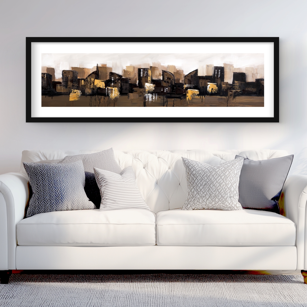 C1FM2060JE3EA9 20 x 60 in. Brown Abstract Cityscape - Modern Building Framed Print