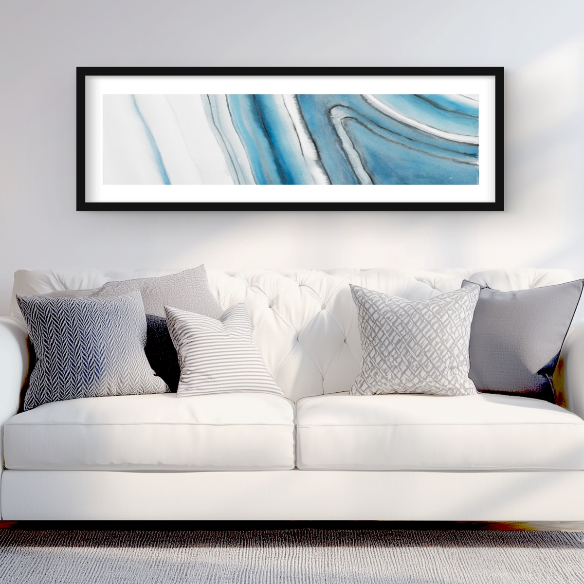 C1FM1648O2MF74 16 x 48 in. Round Geode - Blue Livingroom Framed Matted Print for Decor