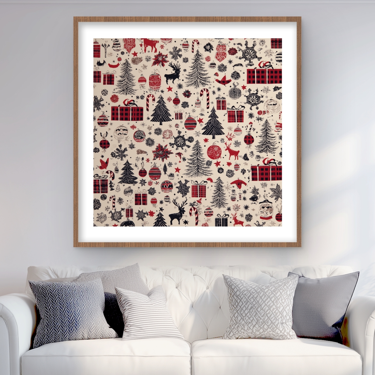 C1FM3636A37610 36 x 36 in. Christmas Gift Pattern - Red Framed Matted Print for Decor