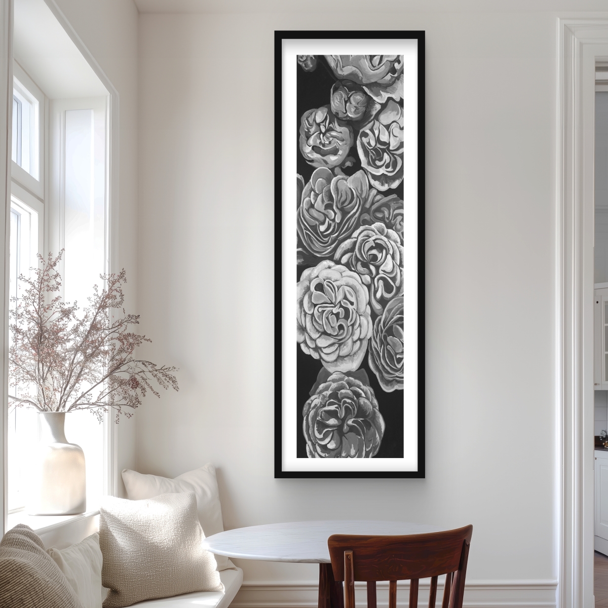 C1FM2060ECOABS 20 x 60 in. Grayscale Dahlias - Botanical Black Framed Matted Print