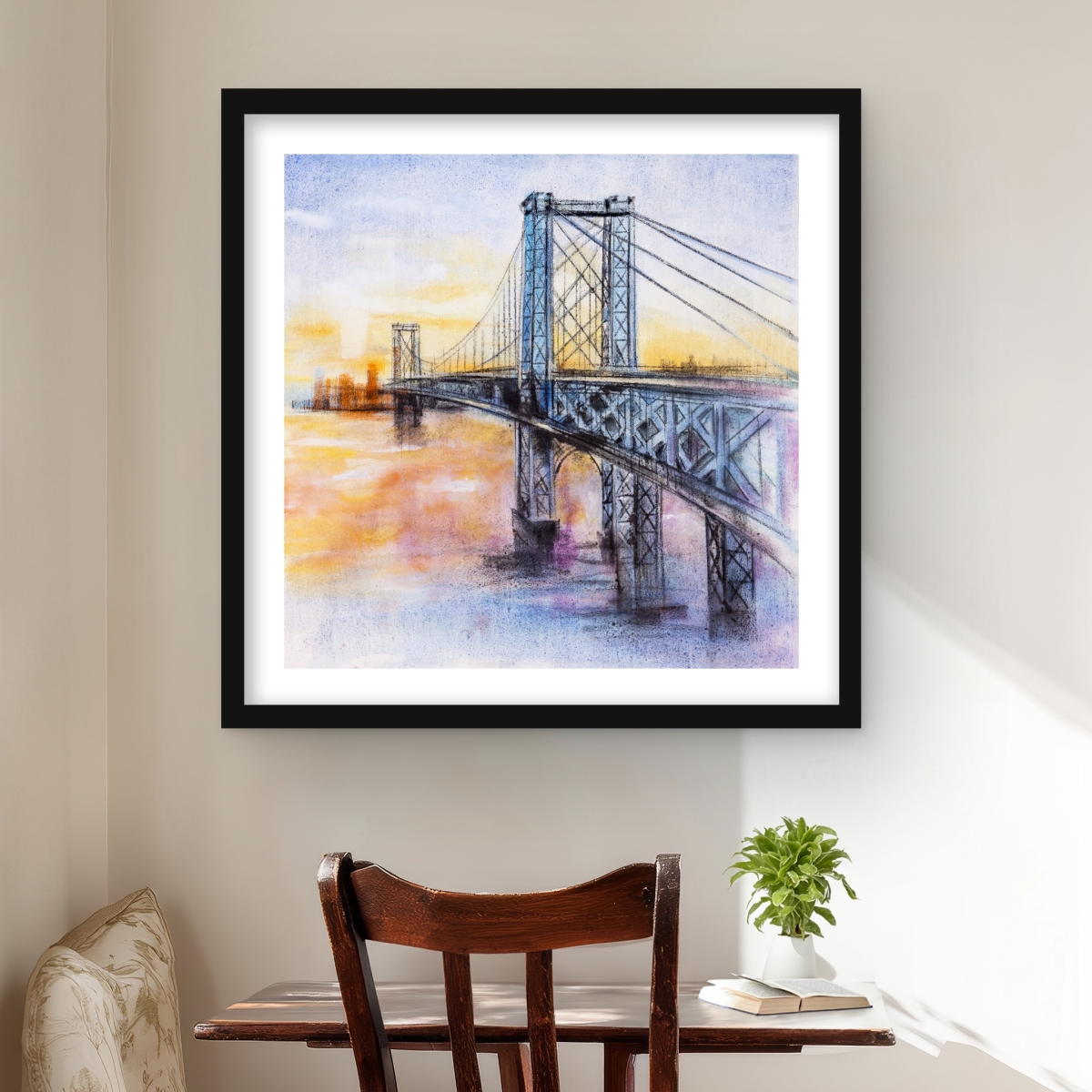 C1FM24245KJUZ4 24 x 24 in. Abstract Brooklyn Bridge Framed Matted Print - Home Decor
