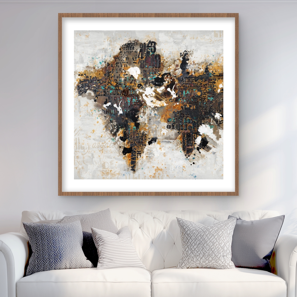 C1FM3636HFKQDK 36 x 36 in. Abstract World Map with Typography - Framed City Print Decor