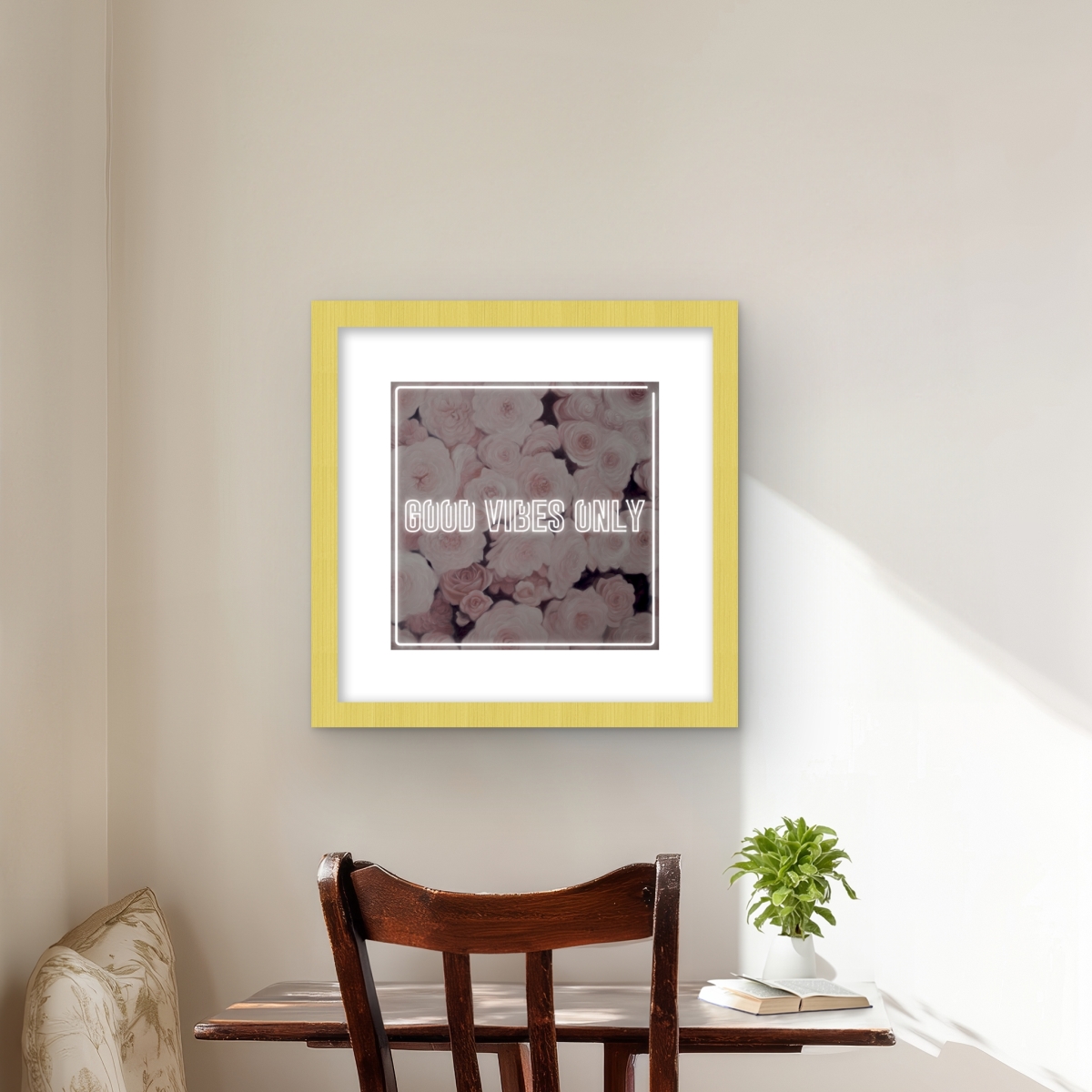 C1FM1616WGO8S4 16 x 16 in. Good Vibes Only - Roses - White Retro Framed Print Decor