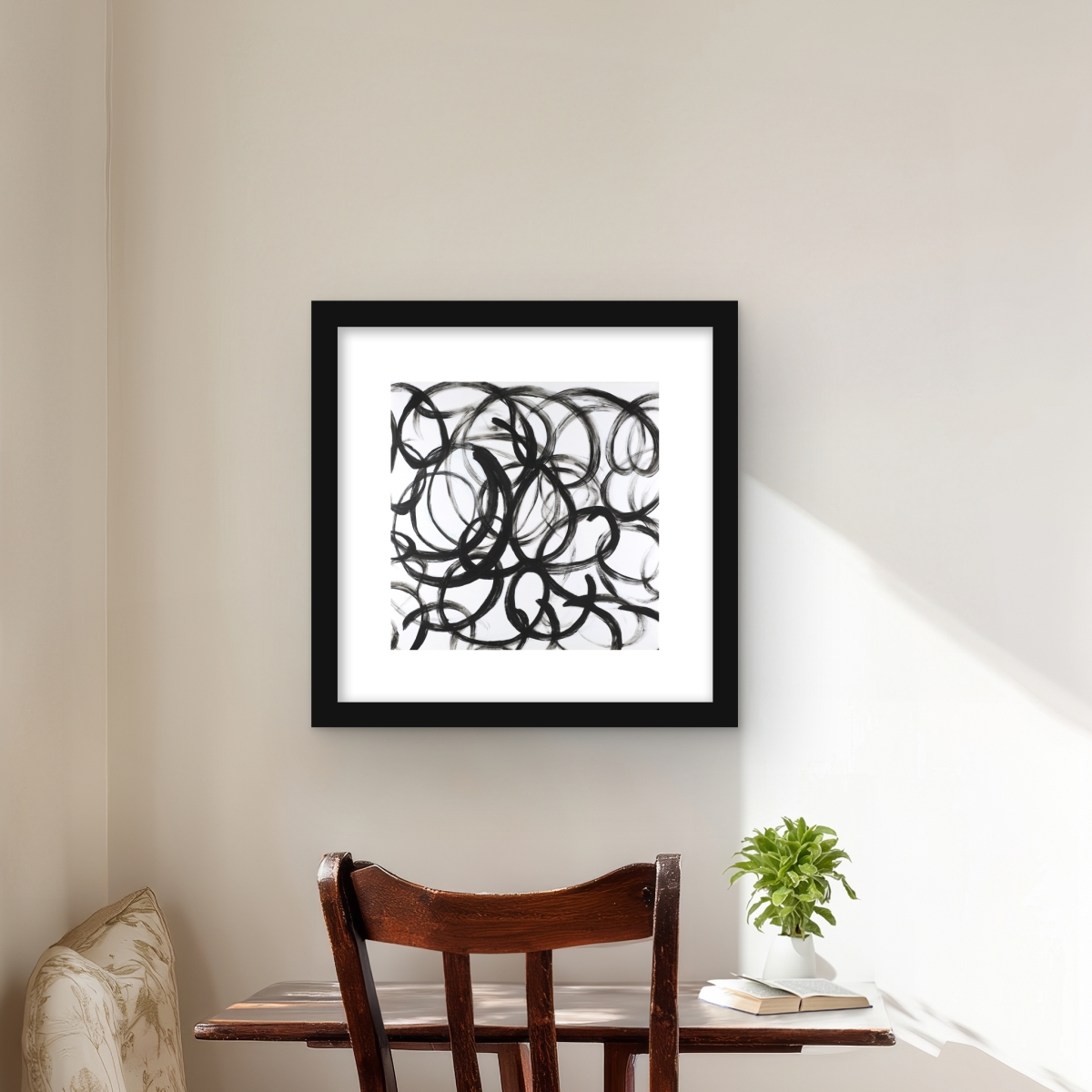 C1FM1616X3ILKV 16 x 16 in. Abstract Curly Lines - Black & White Framed Matted Print