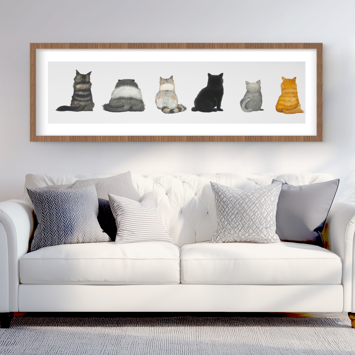 C1FM2060EO5Z5M 20 x 60 in. Six Cats Lined Up Back View - Brown Framed Matted Print
