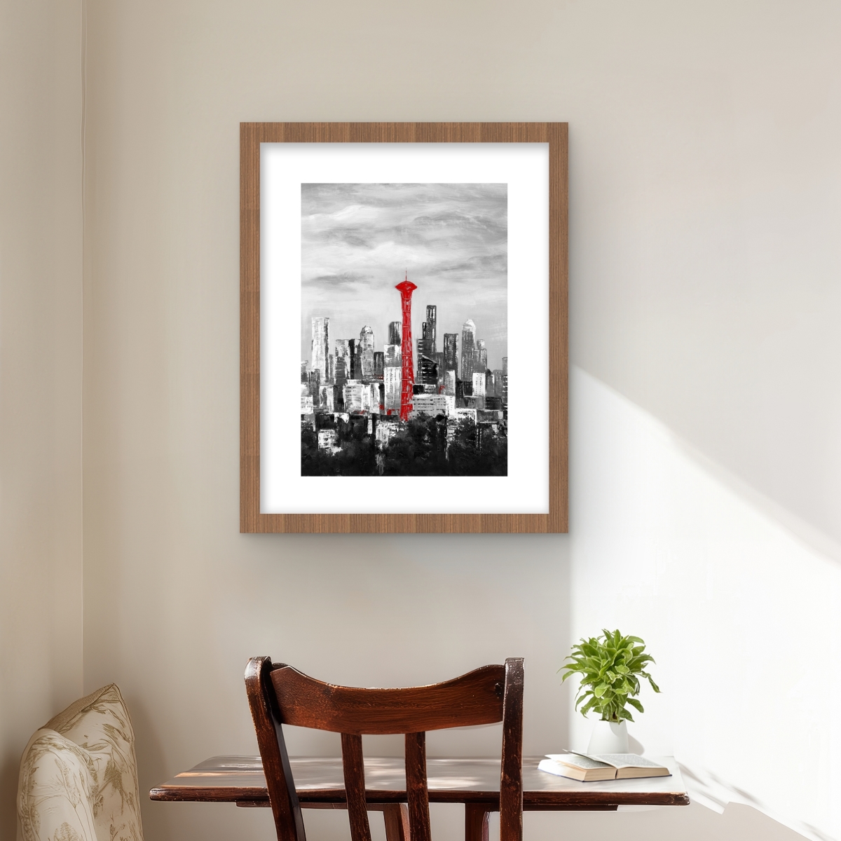 C1FM1620M2Z6S2 16 x 20 in. Space Needle in Red - Framed Matted Print for Home Decor