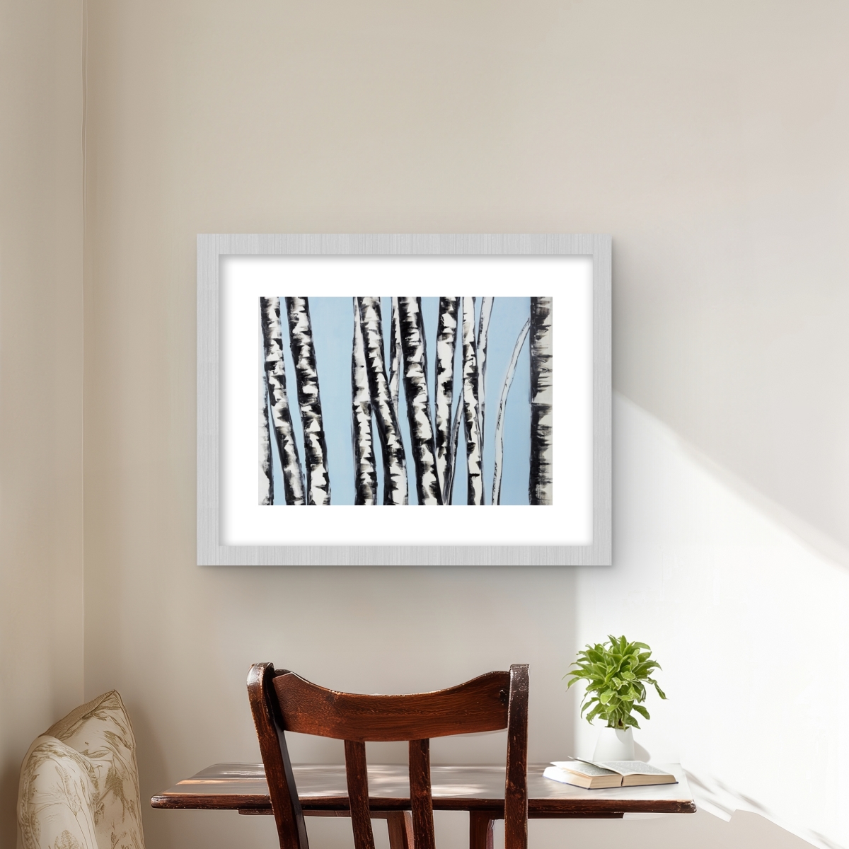 C1FM1620MD12N6 16 x 20 in. Pastel Birches - White Seasons Framed Matted Print for Decor