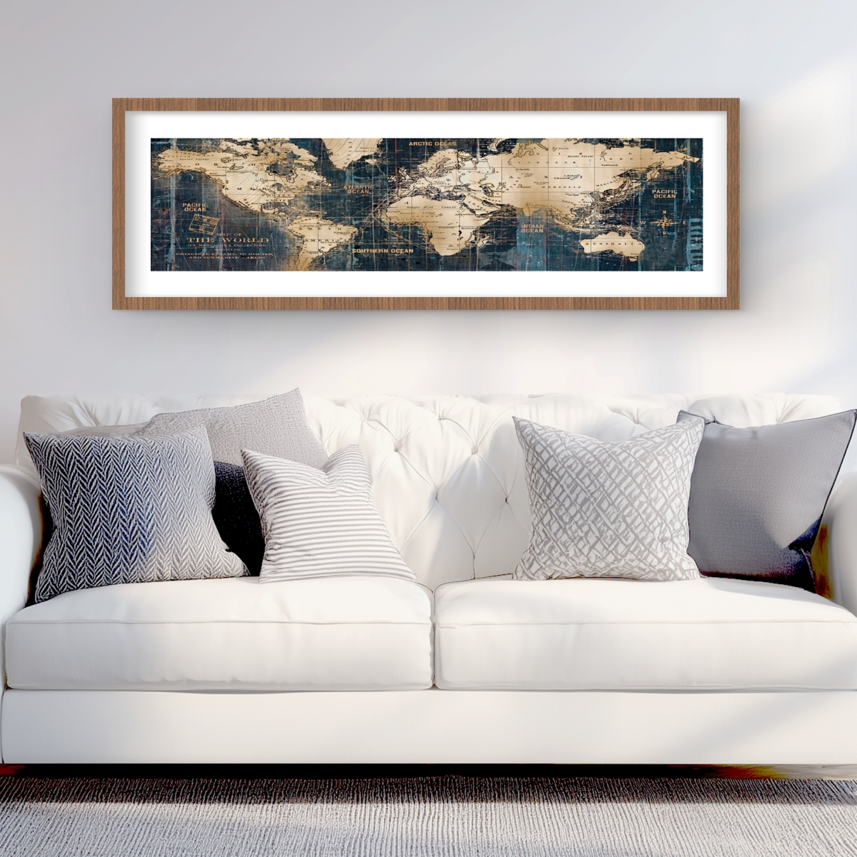 C1FM1648DQ4W8R 16 x 48 in. Abstract World Map - Beige Cities Framed Matted Print Decor