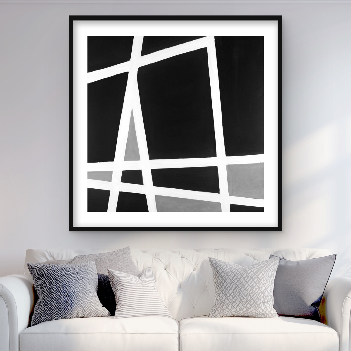 C1FM36366ZRGDC 36 x 36 in. Black & White Abstract Shapes - Framed Office Decor Print