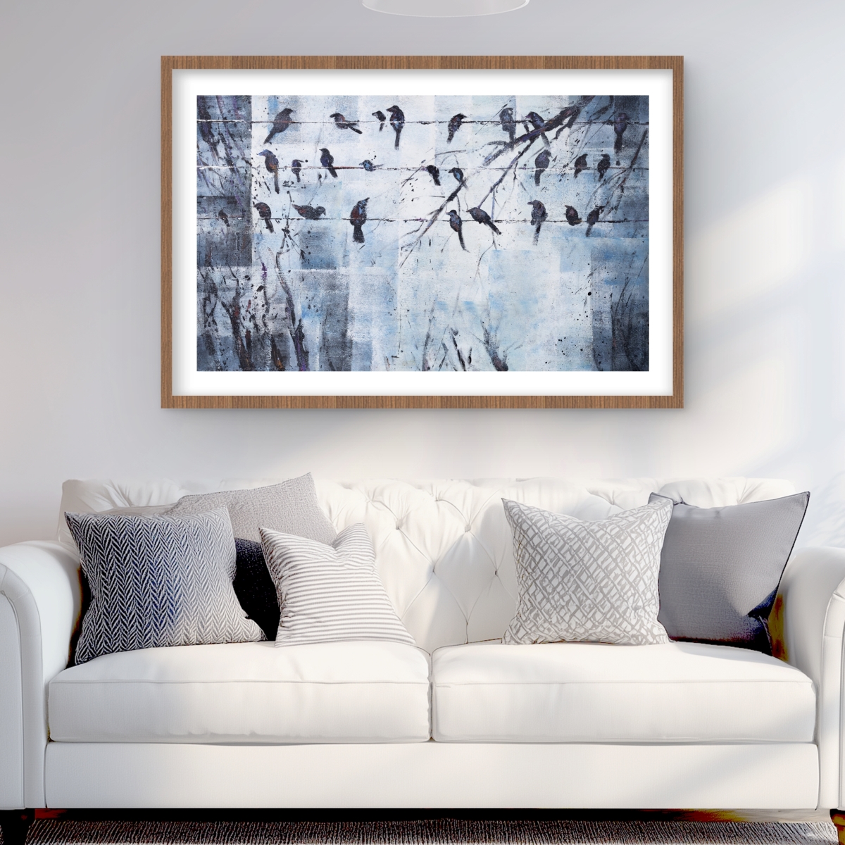 C1FM2436P2RJA4 24 x 36 in. Abstract Birds on Electric Wire - Blue Framed Matted Print
