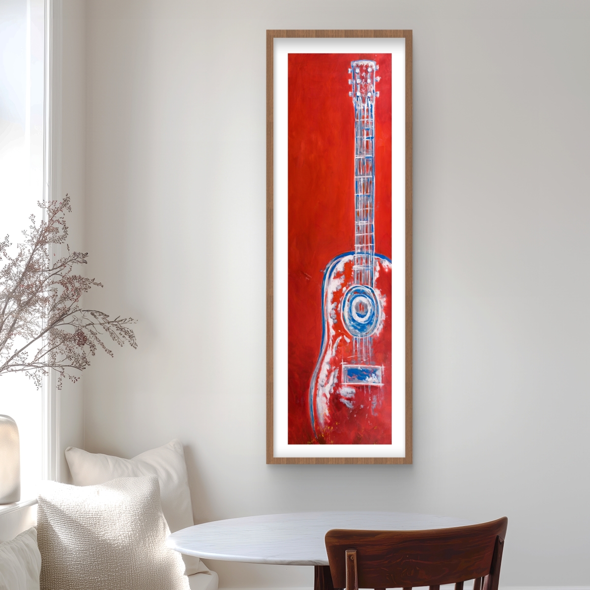 C1FM1648WCWXEA 16 x 48 in. Modern Red Abstract Guitar - Framed Matted Print for Decor