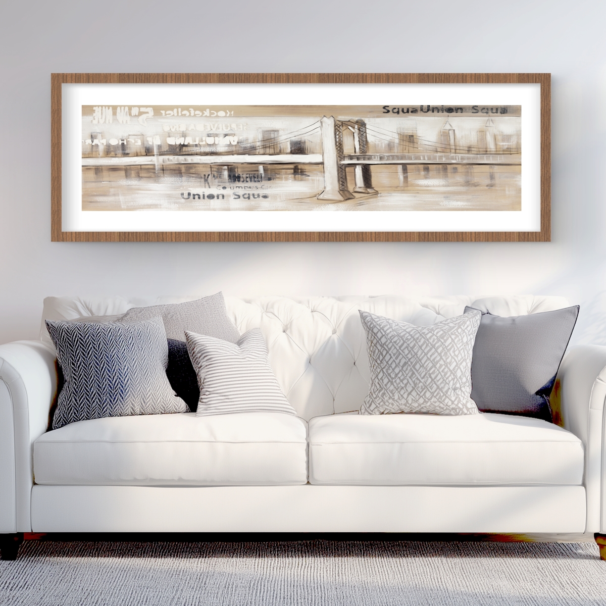 C1FM2060CYXA4H 20 x 60 in. Abstract Bridge with Typography - Cities Beige Framed Print