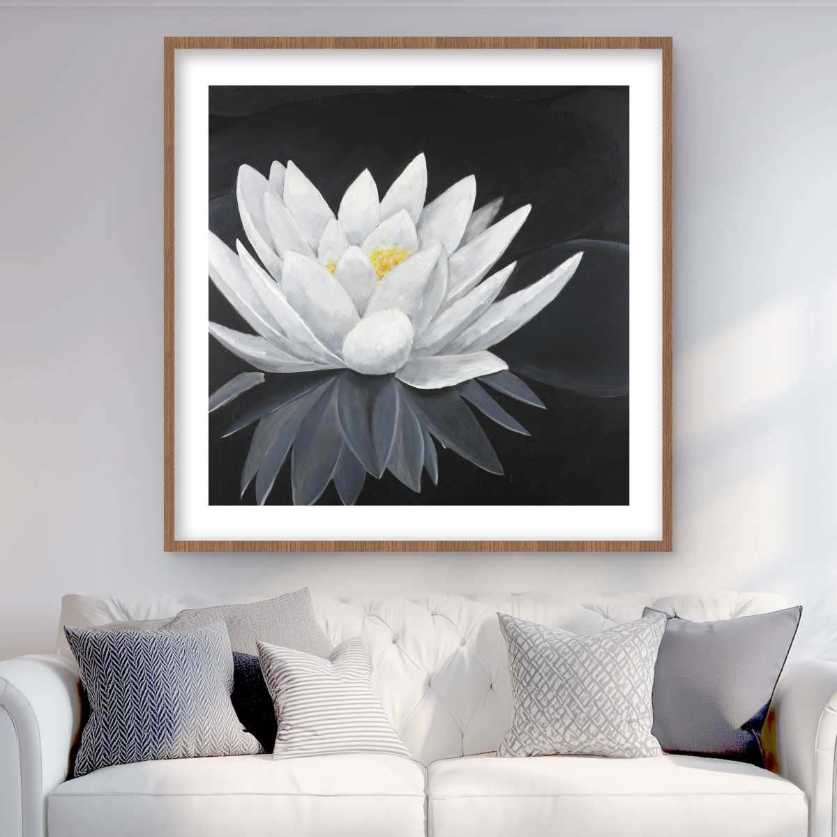C1FM363694H6LP 36 x 36 in. Lotus Flower with Reflection - Framed Botanical Print Decor