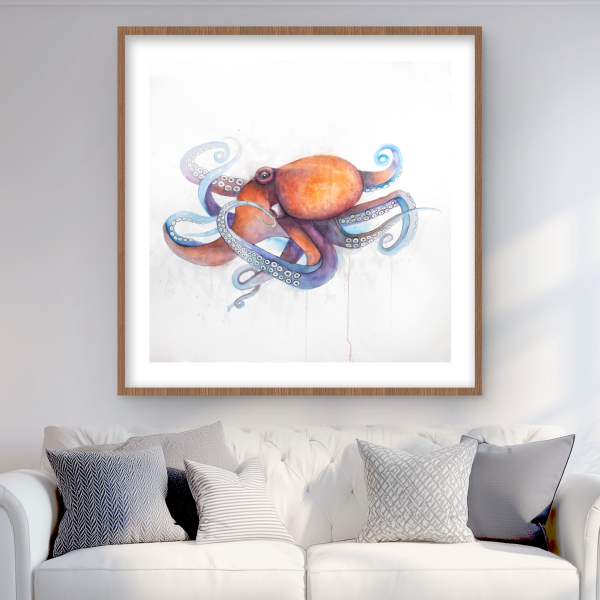 C1FM3636L2IC8E 36 x 36 in. Colorful Octopus Profile - Orange Framed Matted Print Decor
