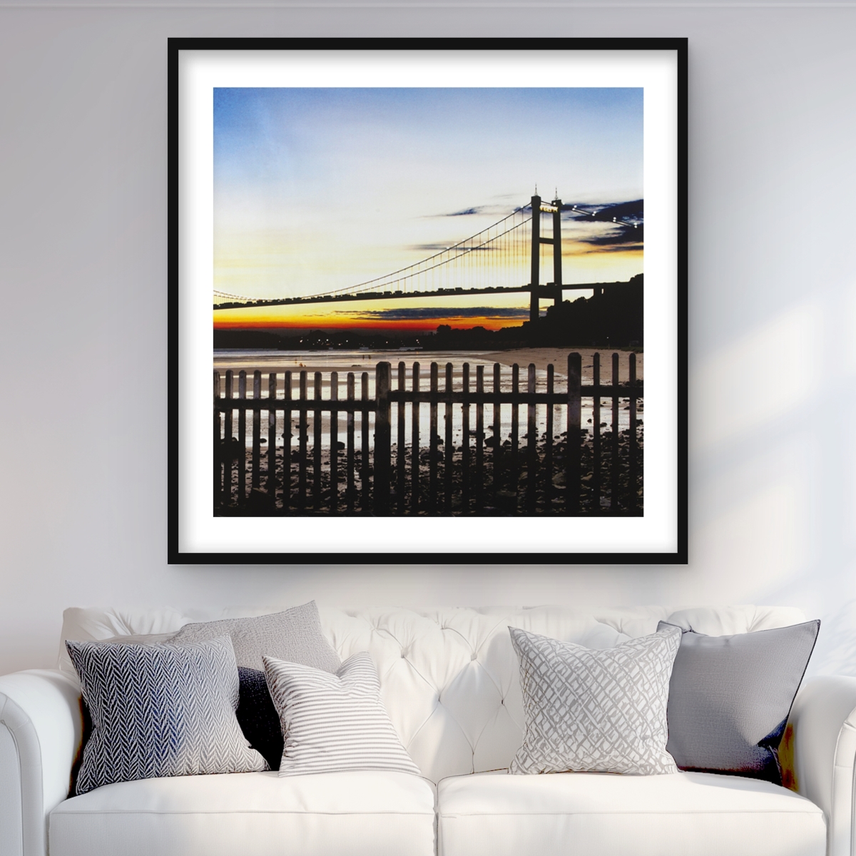 C1FM3636N1K5EB 36 x 36 in. Bridge by Sunset - Cities Blue Framed Matted Print for Decor