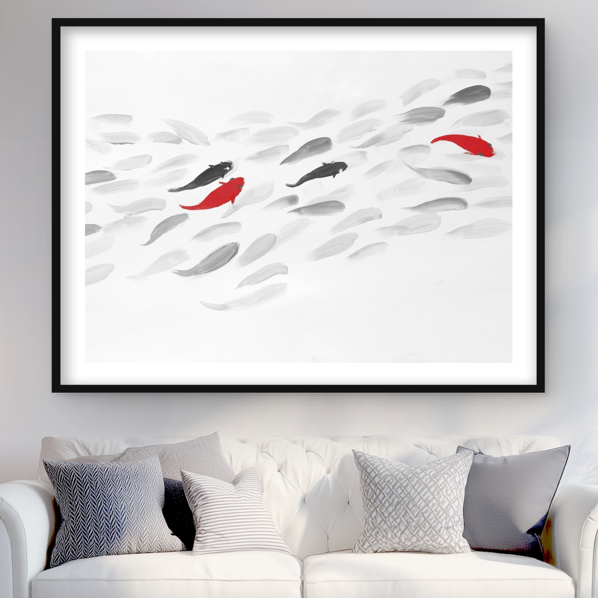 C1FM36480O4VD4 36 x 48 in. Swimming Fish Wave - Asian Framed Matted Print for Decor