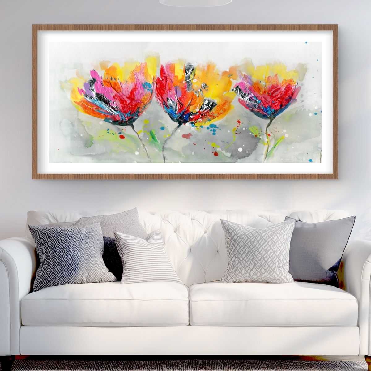 C1FM2448SFCZII 24 x 48 in. Four Colored Flowers on Gray Background - Framed Print Decor