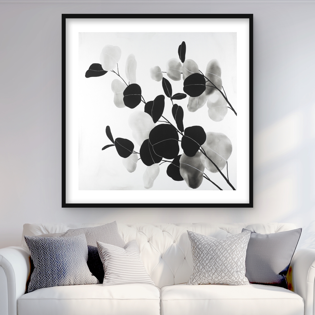 C1FM36364N9HP2 36 x 36 in. Grayscale Branches with Leaves - Bedroom White Framed Print