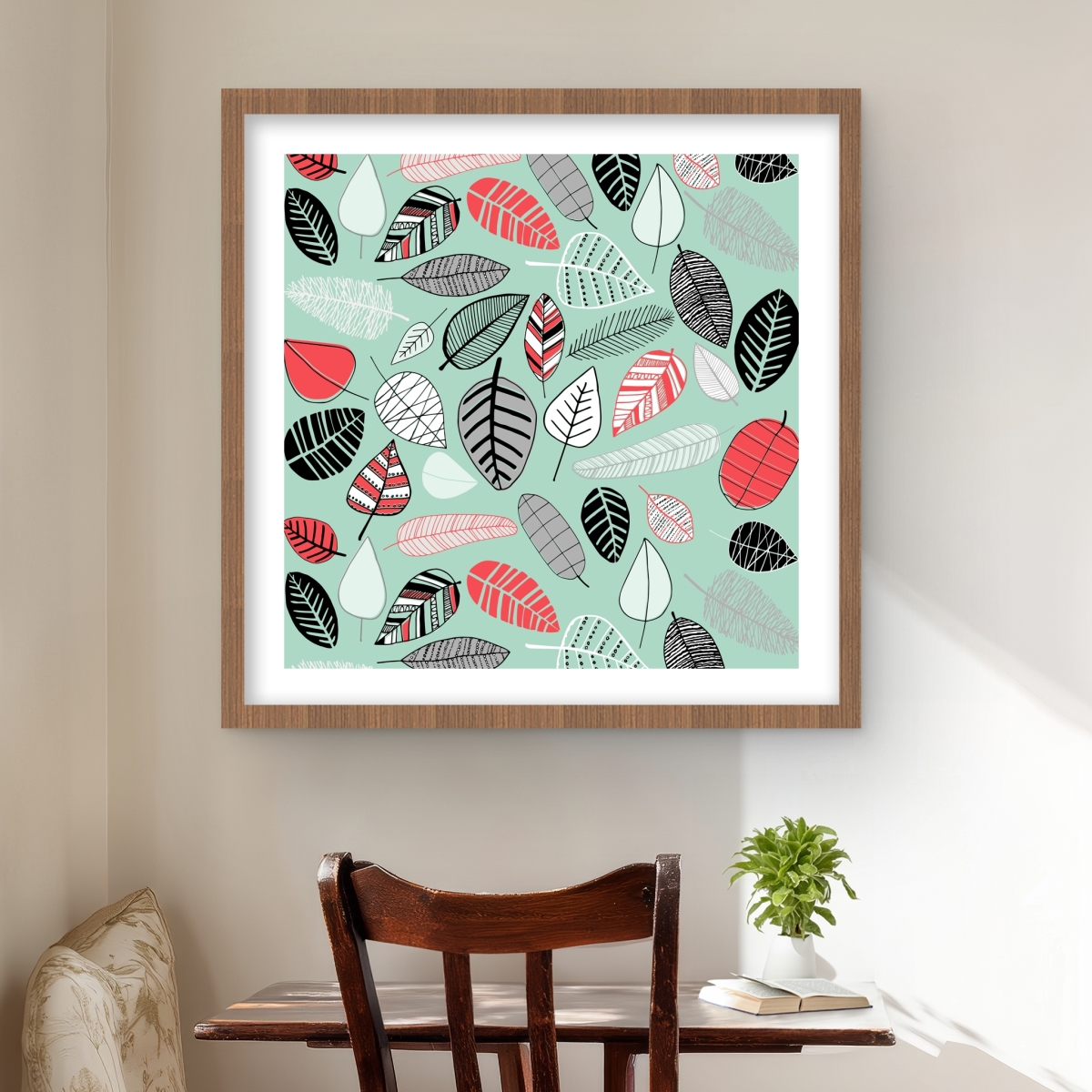 C1FM2424700H9J 24 x 24 in. Turquoise Leaf Patterns - Framed Matted Print - Home Decor
