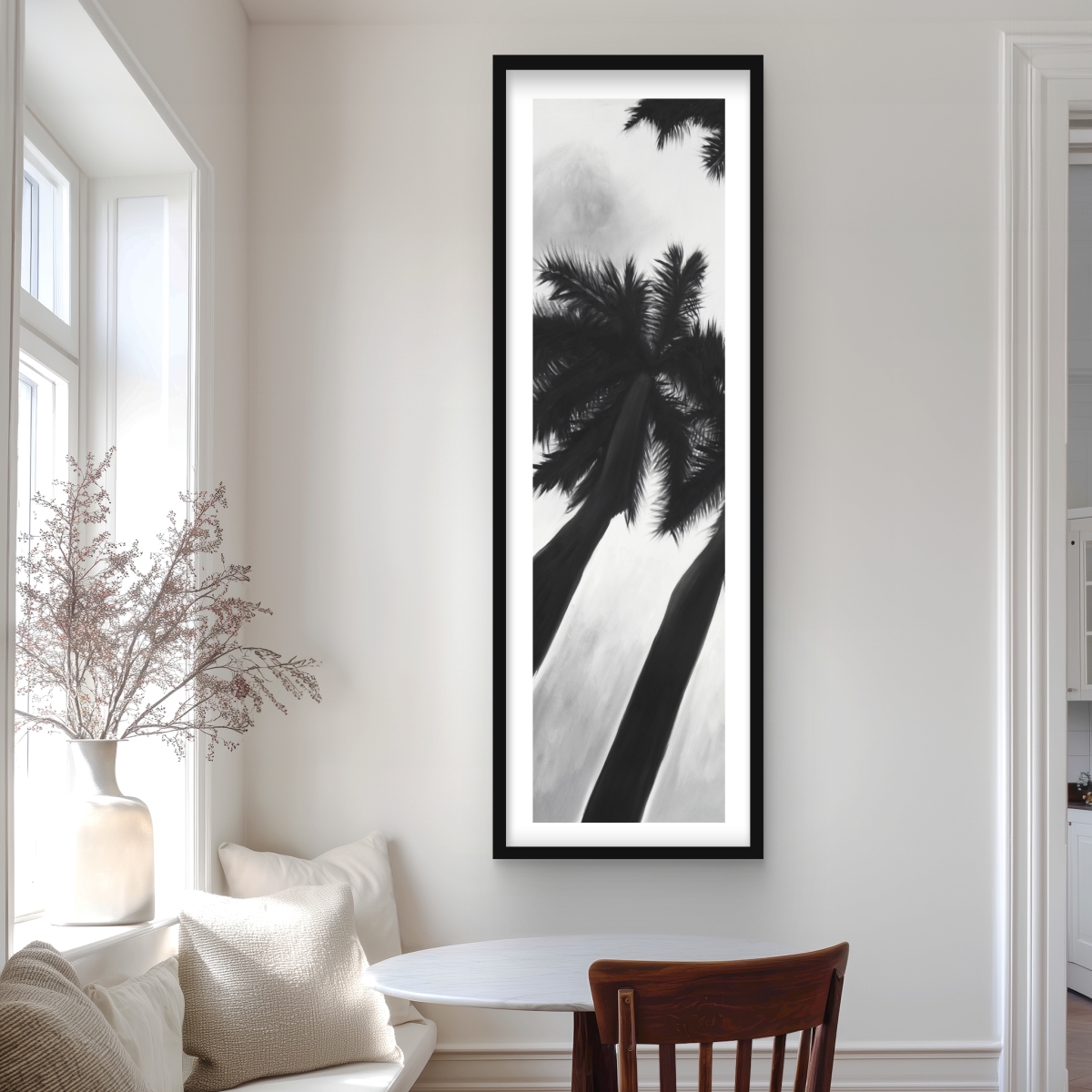 C1FM20601B41ID 20 x 60 in. Monochrome Palm Trees - Black Beach Framed Matted Print