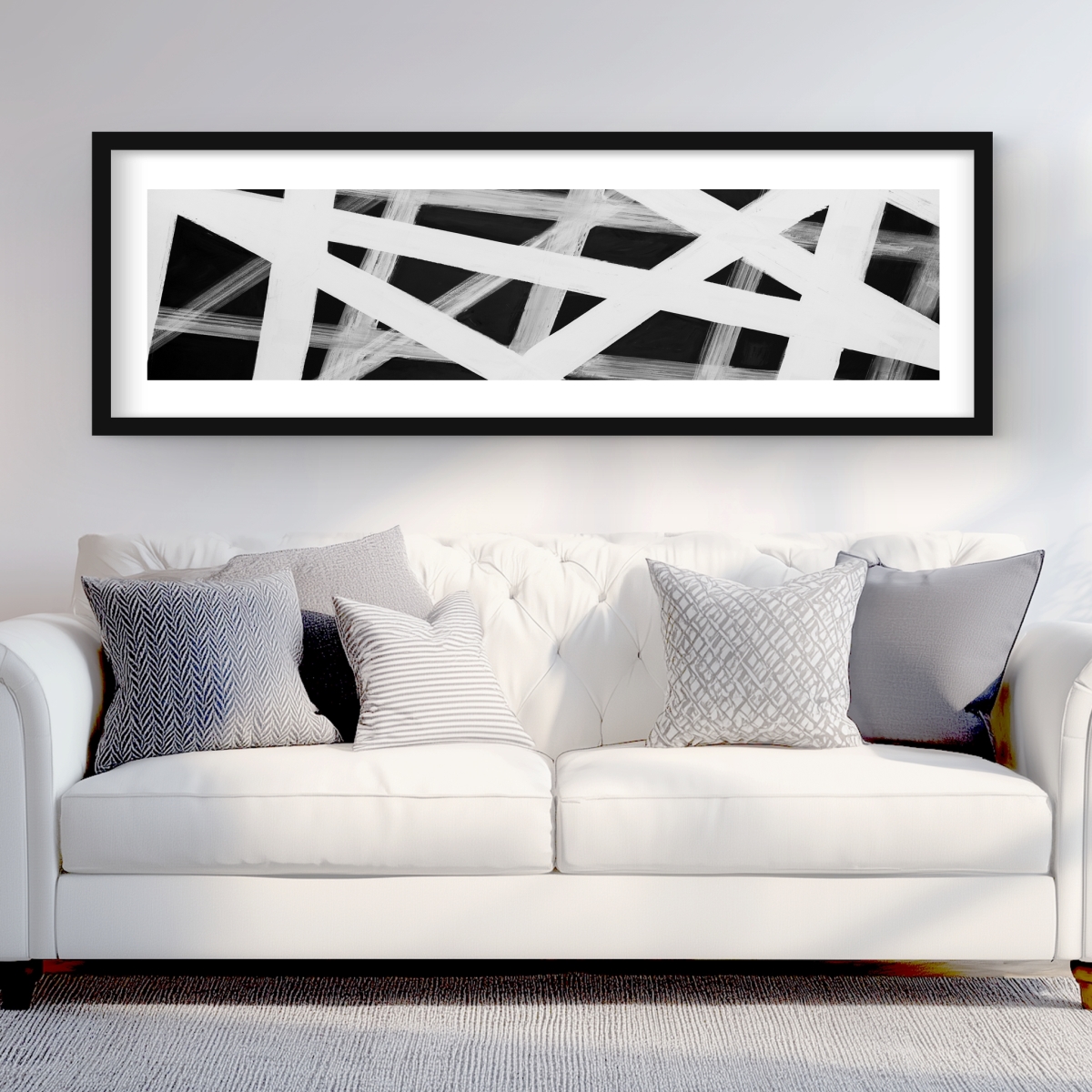C1FM2060BJYIXN 20 x 60 in. Geometric Stripes - White Framed Matted Print for Home Decor