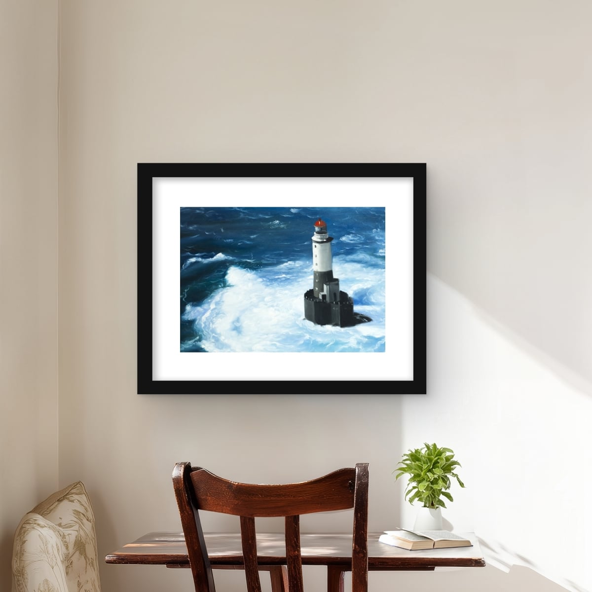 C1FM1620QSG1QO 16 x 20 in. Unleashed Waves on A Lighthouse - Waves Blue Framed Print