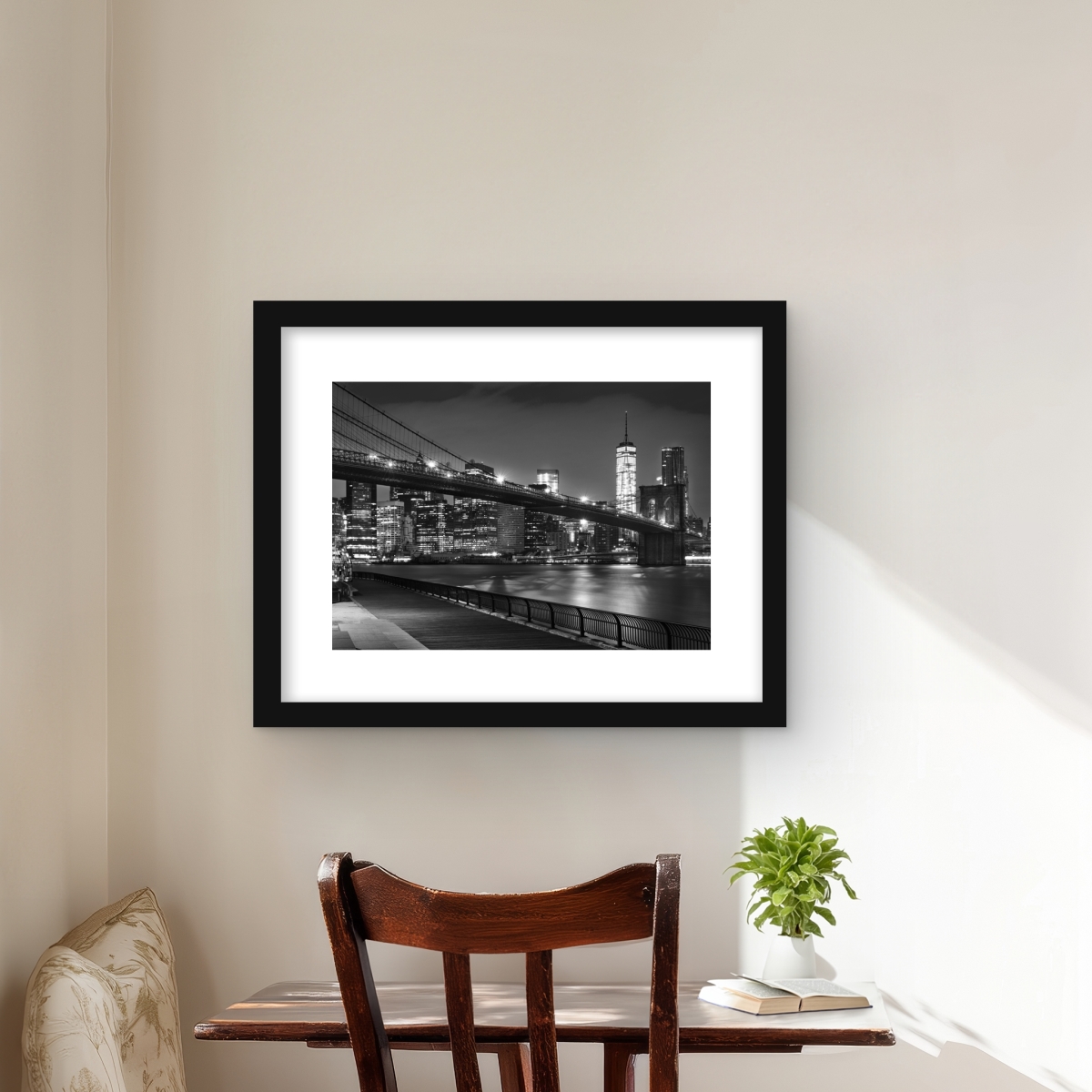 C1FM1620WM04Q8 16 x 20 in. City Under the Night - Bridge Black Framed Matted Print