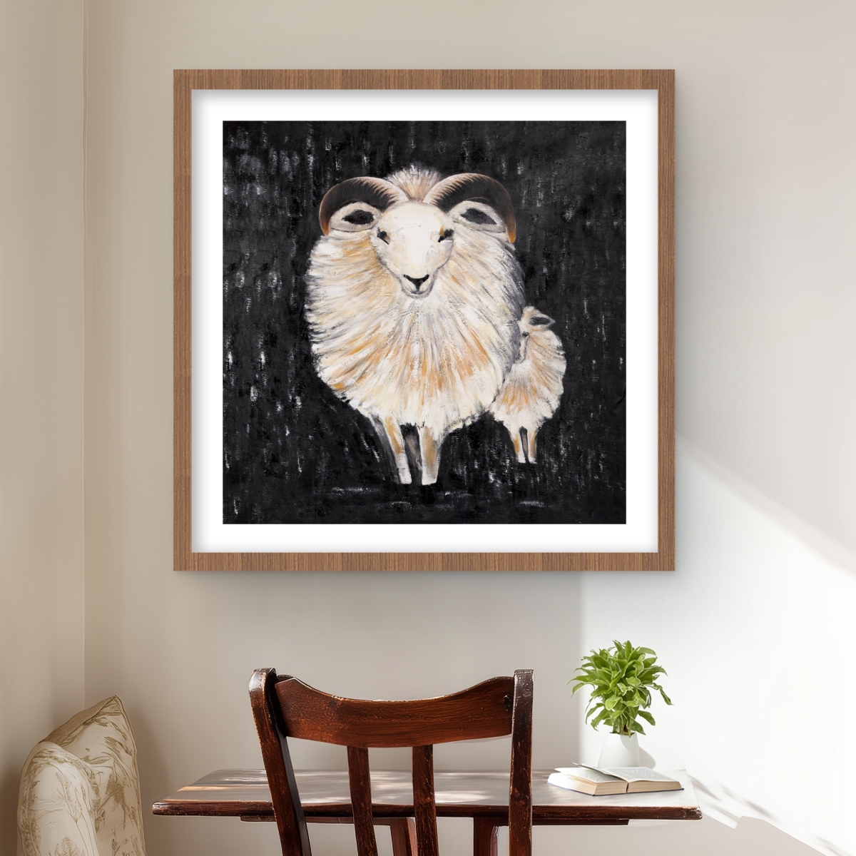 C1FM24249NT211 24 x 24 in. Two Bushy Ram - Rustic Farm Animals Framed Matted Print