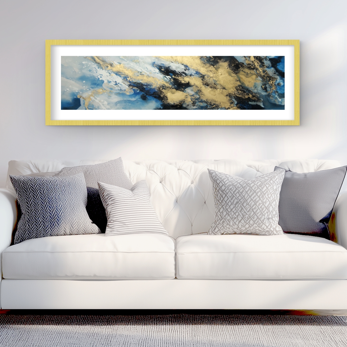 C1FM1648C3QKGG 16 x 48 in. Blue Marble Abstract Modern Framed Matted Print - Home Decor