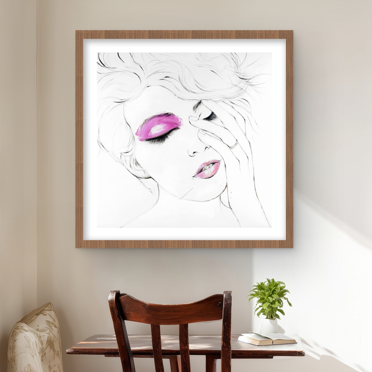 C1FM24242MTXEA 24 x 24 in. Pink Makeup - Gray Figurative Framed Matted Print for Decor