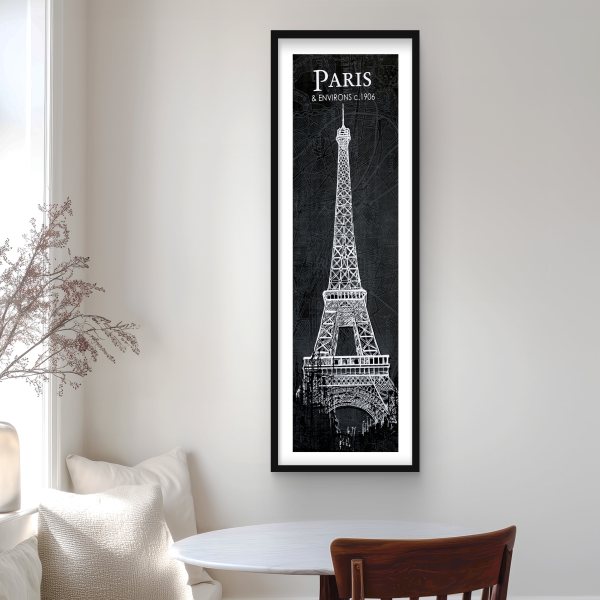 C1FM1648TCFR8B 16 x 48 in. Eiffel Tower Sketch with Map Background - Framed Matted Print Home Decor