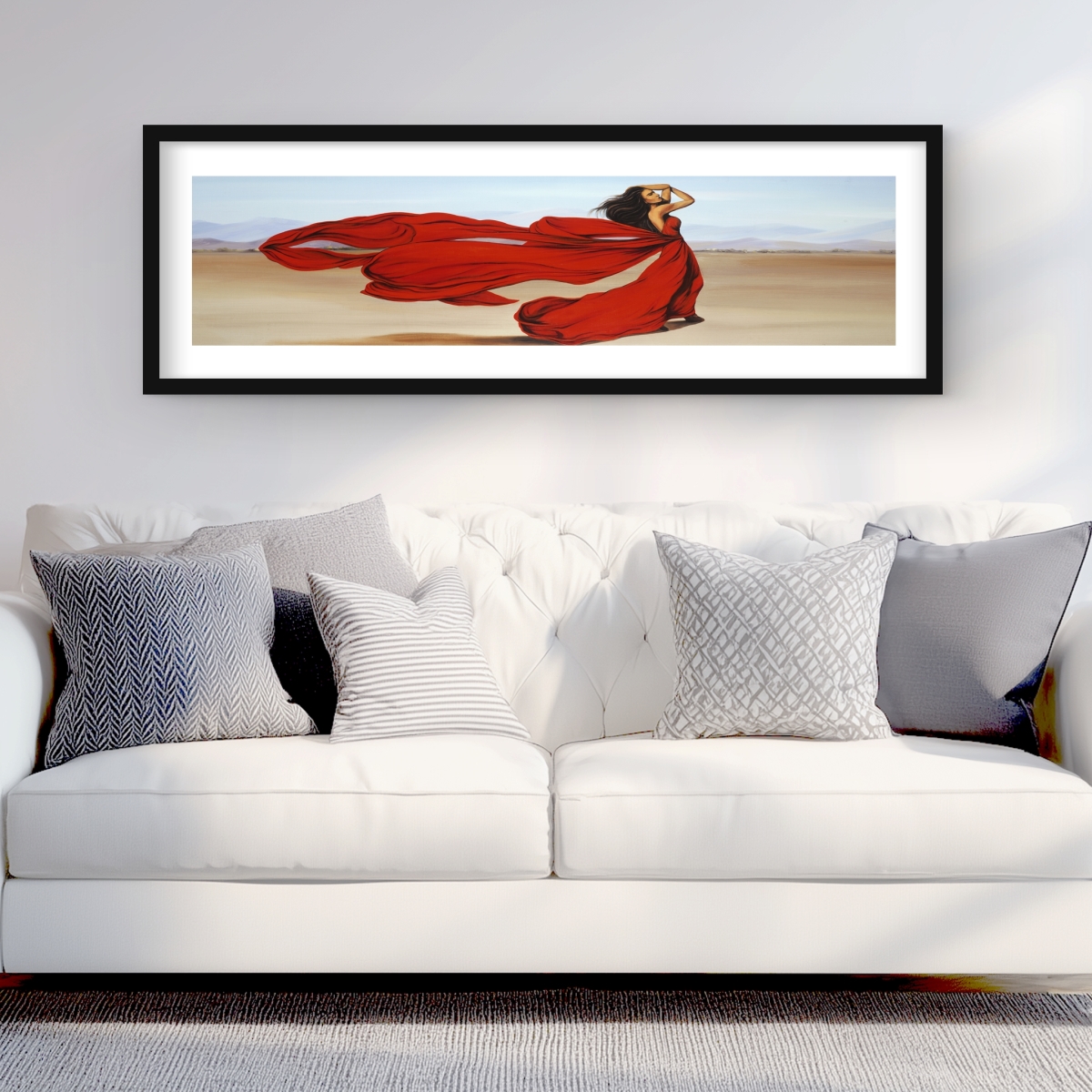 C1FM1648265W8B 16 x 48 in. Woman with Long Red Dress in Desert - Framed Matted Print