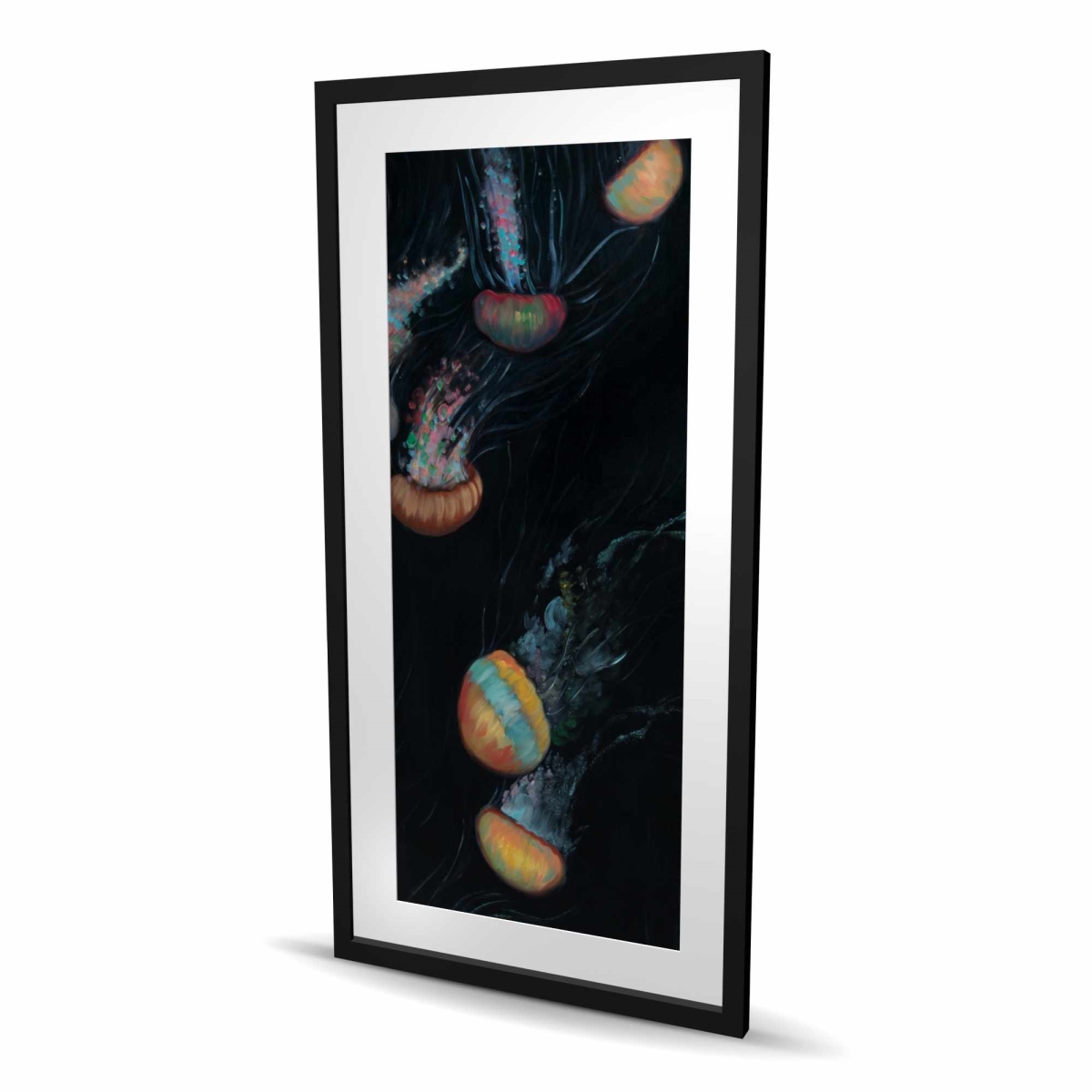 C1FM24483HUJW0 24 x 48 in. Colorful Jellyfishes Swimming in the Dark - Blue Sea Print