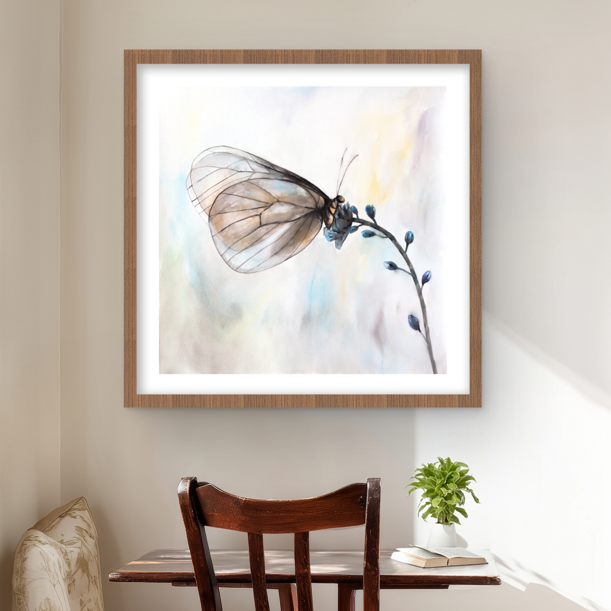 C1FM24247WBNFY 24 x 24 in. Butterfly on Blue Flowers - Floral Blue Framed Matted Print