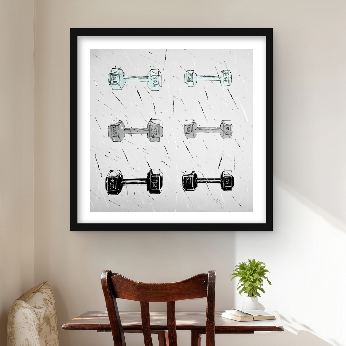 C1FM24247PBFE3 24 x 24 in. Dumbbells - Gray Framed Matted Print for Home Decor